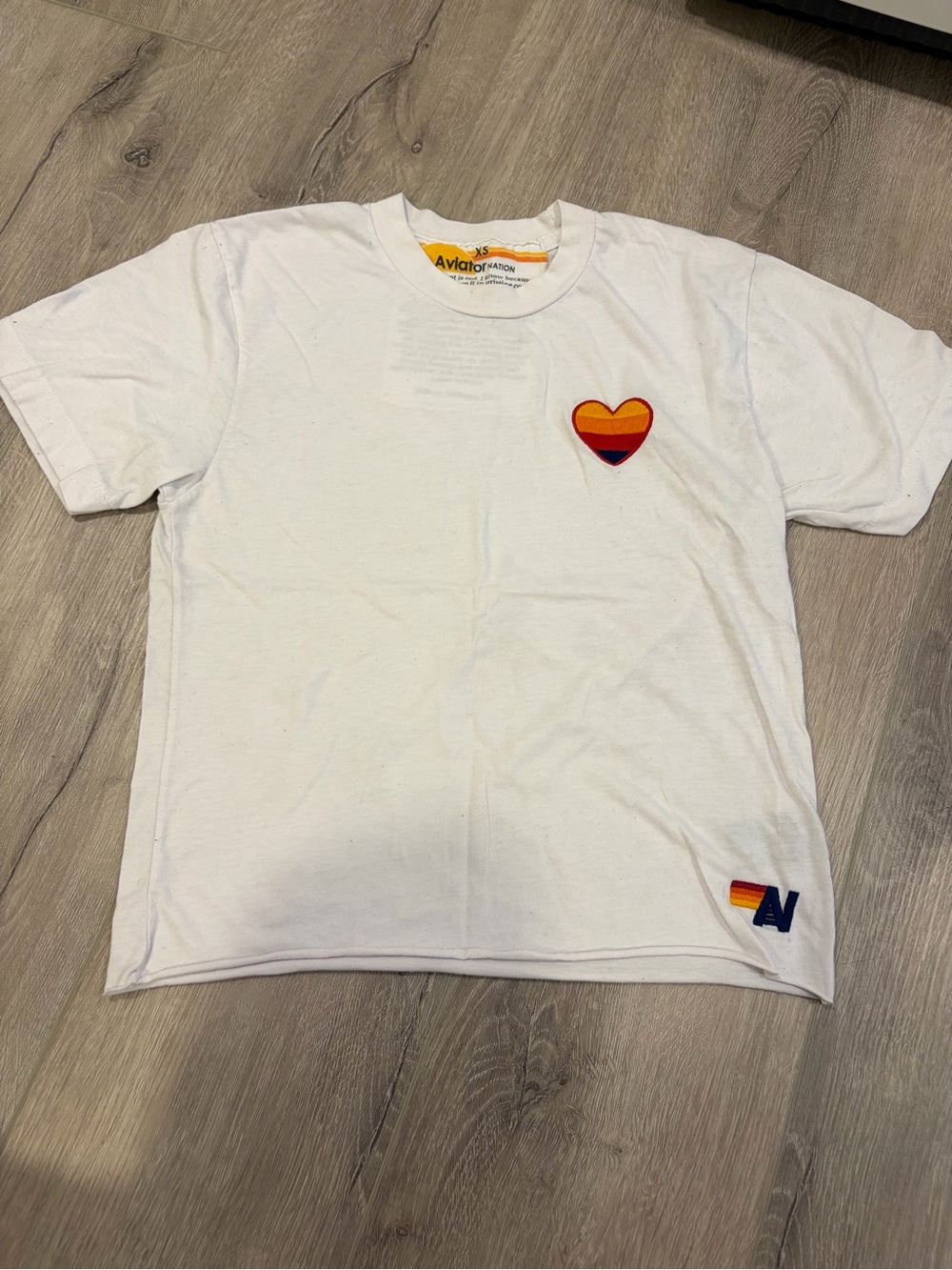 Aviator Nation White Tee with Striped Heart Patch